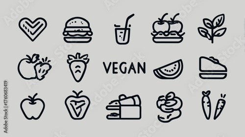 Collection of vegan food and drink icons in a simple line art style.