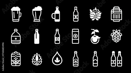 Collection of white line art beer and brewery icons.