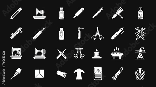 Crafting and Sewing Tools Collection on Dark Background.