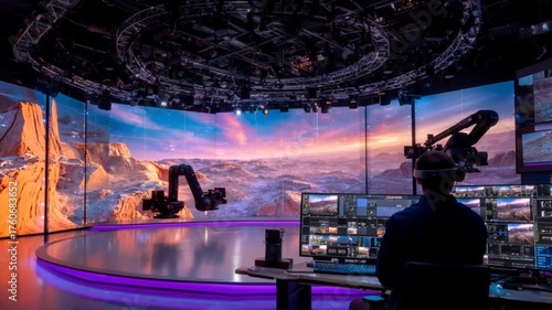 Creative Professional Using Virtual Production Technology with an Immersive Alien Landscape Displayed on a Curved LED Screen
