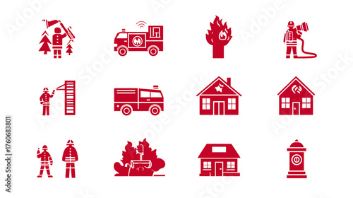Firefighter Icons Set Red Collection Emergency Services.
