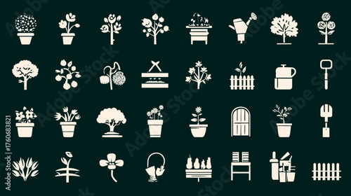 Garden icons collection representing various plants and gardening tools.