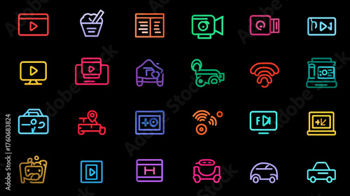 Futuristic Neon Icon Set for Technology and Smart Car Interfaces.