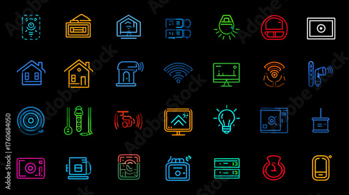 Neon icons representing various smart home and technology devices.