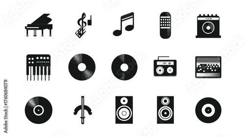 Set of black and white icons for music and audio equipment.