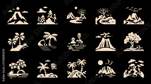 Set of monochrome nature landscape and travel icons vector illustrations.