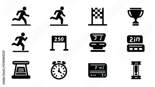 Set of running and racing icons with stopwatch and finish line.