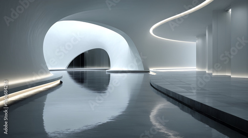 ultra minimal futuristic room with curved white walls