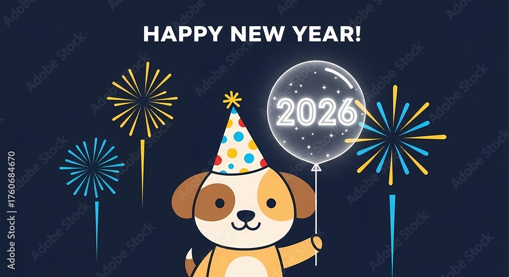 Naklejka premium Cute dog celebrating happy new year 2026 with fireworks and balloon