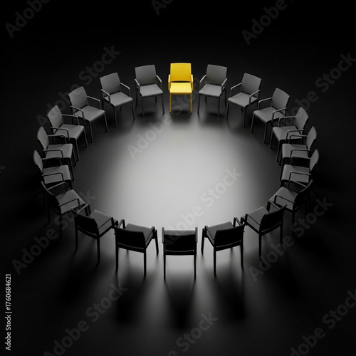 Circle of Chairs with One Gold Chair in Spotlight.