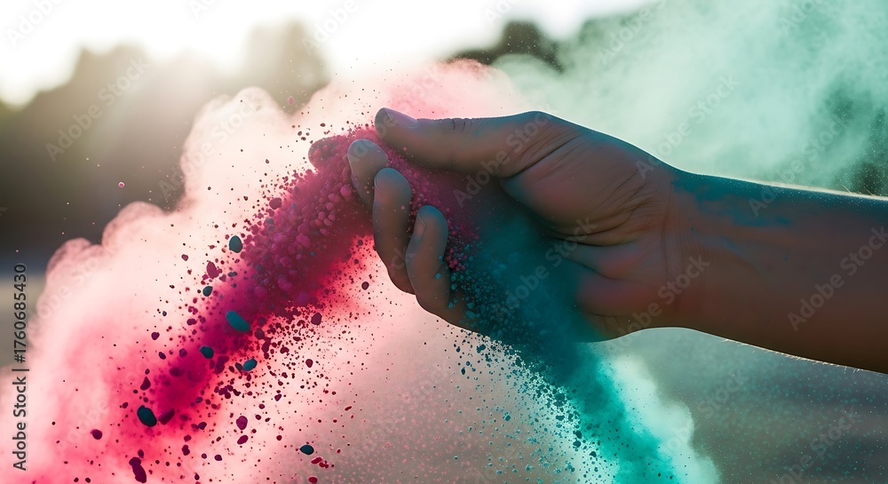 Fototapeta premium Vibrant Holi powder explodes from a hand, creating a colorful cloud against a sunset sky.