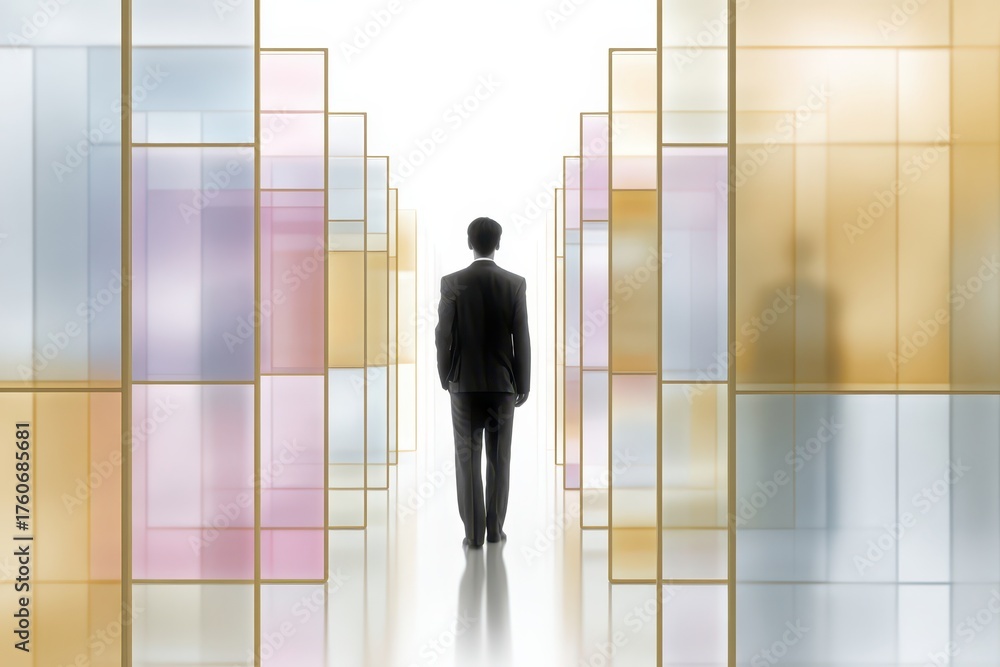 Fototapeta premium A businessman walks towards a bright future through a modern, colorful light corridor.