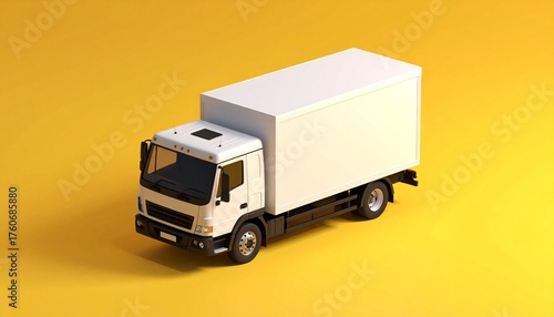 A realistic toy delivery truck with a yellow cab and white cargo box is angled against a solid yellow background,