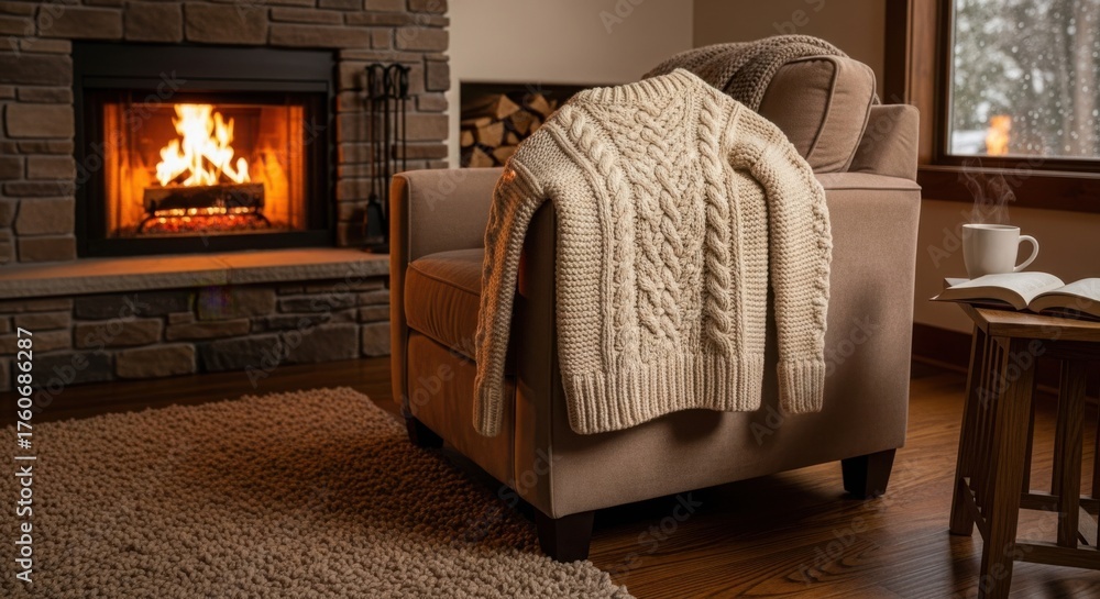 Fototapeta premium Cozy sweater draped over armchair by the fireplace