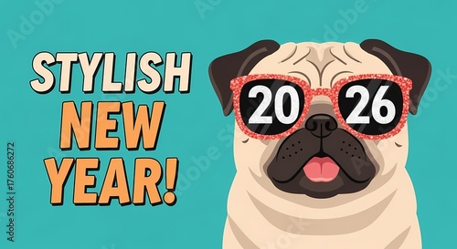 Stylish new year 2026 with pug dog wearing sunglasses on teal background