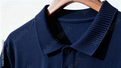 Close-up of a navy blue polo shirt with ribbed collar on a wooden hanger