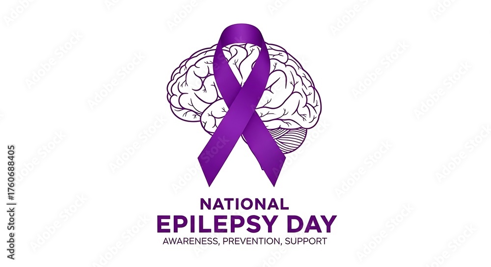 Obraz premium National epilepsy day awareness ribbon and brain isolated on white background