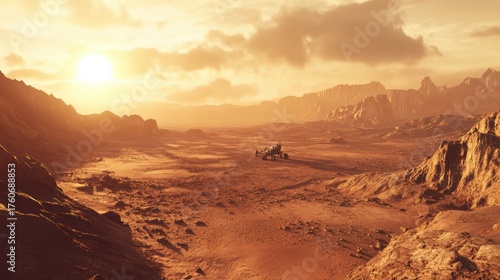 Wallpaper Mural Serene Desert Landscape on Another Planet at Sunset with Majestic Mountains and a Futuristic Rover Vehicle Exploring the Alien Terrain Torontodigital.ca