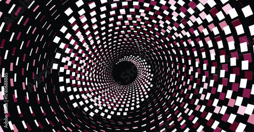 A swirling vortex of pink and white pixelated squares creating a hypnotic tunnel effect on a black background.