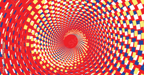 Abstract swirling vortex of red, yellow, and blue squares creating a hypnotic tunnel effect.