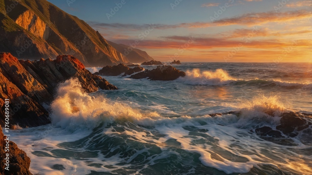 Fototapeta premium Sunset over rocky coastline with waves crashing, capturing nature's beauty and tranquility