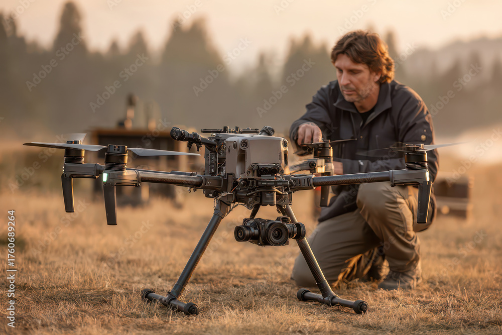 Fototapeta premium Professional pilot setting up a large industrial drone with camera outdoors at dawn.