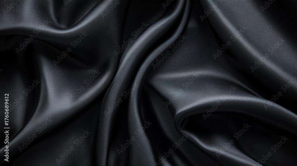 Obraz premium Luxurious Black Satin Fabric with Soft Texture and Elegant Drapery for Fashion, Backgrounds, and Textiles