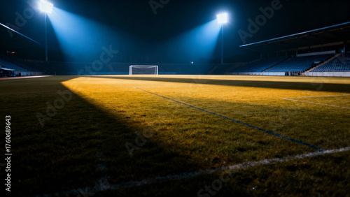 Empty soccer field illuminated by stadium lights at night