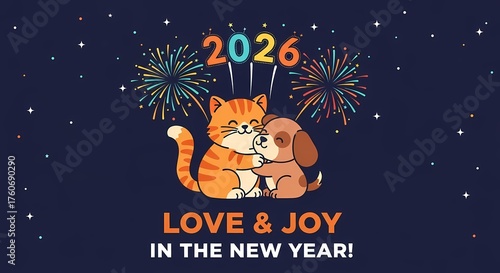 New year 2026 greeting card with cat and dog hugging each other