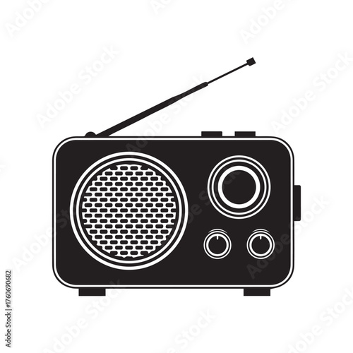 Black and white illustration of a vintage portable radio with an antenna.