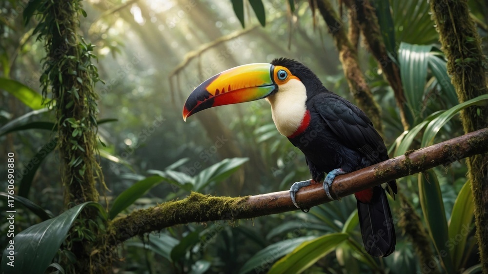Naklejka premium Vibrant toucan perched on a branch amidst a lush rainforest, sunlight filtering through the trees