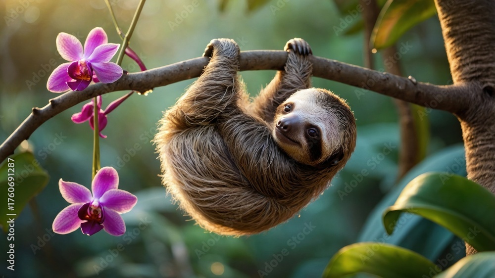 Naklejka premium A sloth hanging from a branch surrounded by vibrant orchids in a lush green rainforest setting