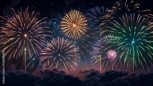Festive fireworks display in the night sky celebrating new year