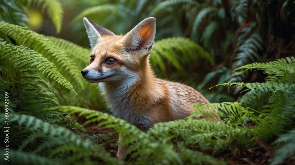 Obraz premium A curious fox peering through lush green ferns in a serene forest environment, showcasing nature's beauty
