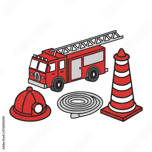 Firefighter equipment including truck, helmet, hose and cone Keywords: firefighter, fire truck