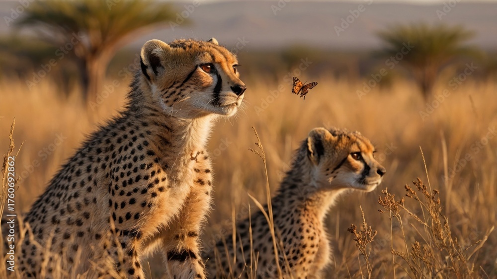 Obraz premium Two cheetahs observing a butterfly in a golden grassland during a serene sunset, showcasing wildlife