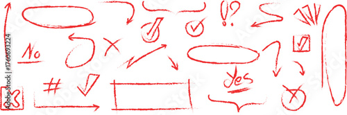 Hand-drawn speech bubbles check marks arrows and emphasis marks collection for children's creative projects