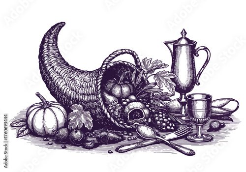 Thanksgiving Cornucopia Illustration with Harvest