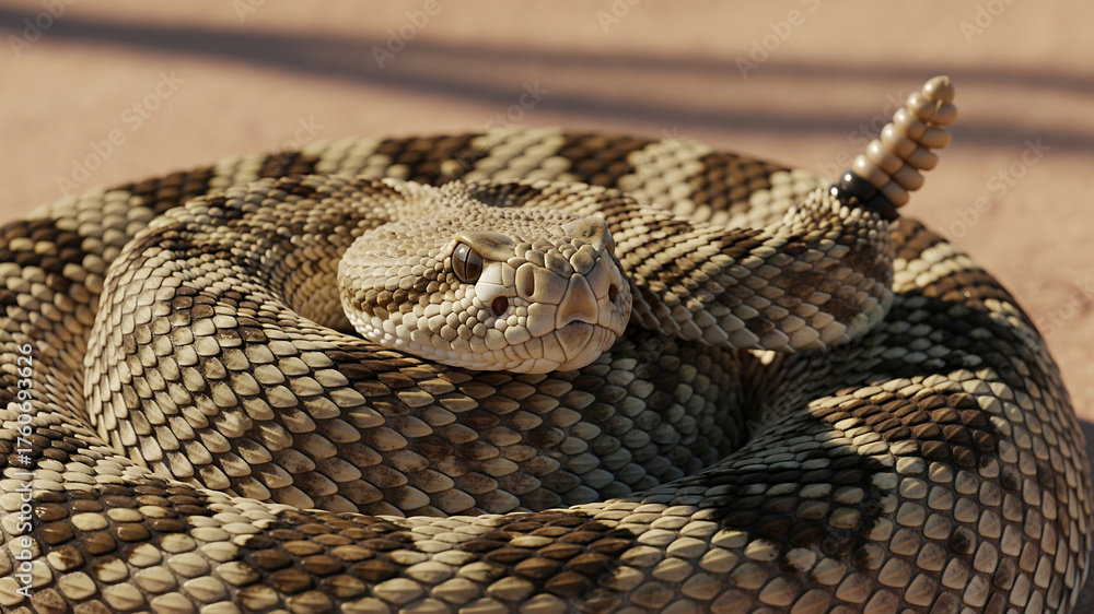 Obraz premium Coiled rattlesnake ready to strike on sandy ground