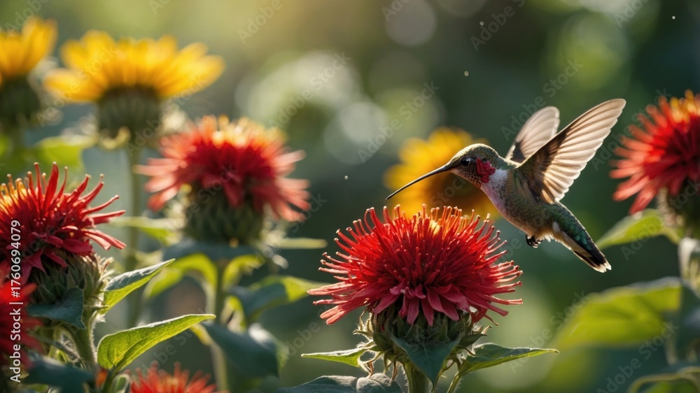 Naklejka premium Hummingbird in vibrant garden, feeding on red flowers with sunlit background and colorful blooms
