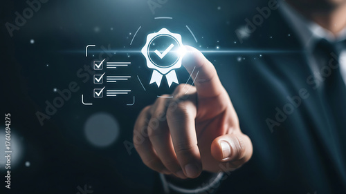 Businessperson touches digital quality assurance certification icon