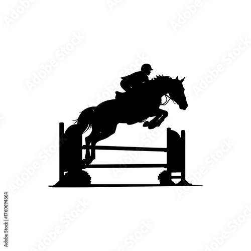 Silhouette of a horse and rider jumping over an obstacle in a show jumping competition event design