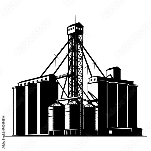 Illustration of a grain elevator with silos and a central tower in black and white style design