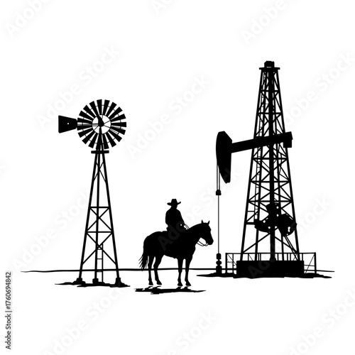 Silhouette of a cowboy on horseback with windmill and oil pump jack in the background against white sky
