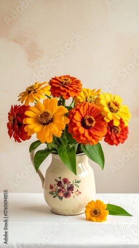 Wallpaper Mural Colorful zinnias in a cream pitcher Torontodigital.ca