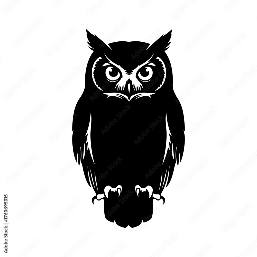 Obraz premium Illustration of a black owl with detailed facial features and sharp talons on a white background art
