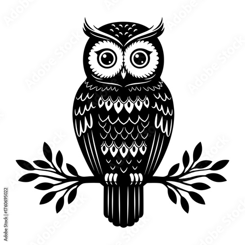Illustration of a stylized owl with large eyes perched on a branch with leaves and detailed feathers