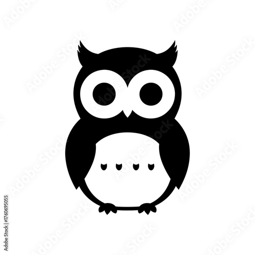 Silhouette of a stylized owl with large round eyes and small beak in a simple black and white design