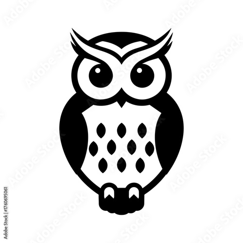 Illustration of a stylized owl with large eyes and patterned chest in black and white vector design