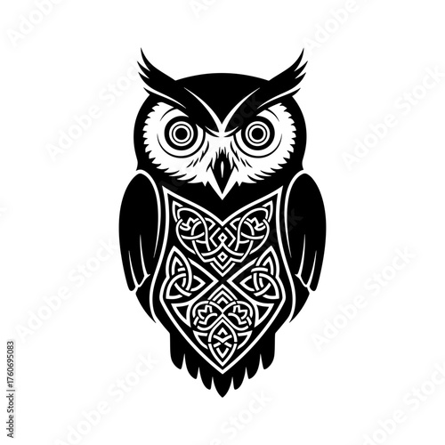 Detailed black and white owl illustration with intricate celtic knot work on the chest area design